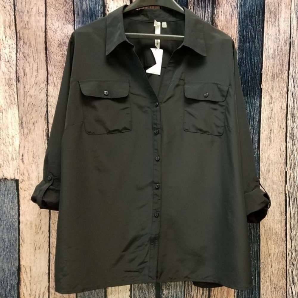 Roll Sleeve Button Down Black Top